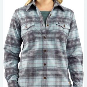 Carhartt Women's Rugged Flex Blue Green Hamilton Plaid Flannel Shirt Size L